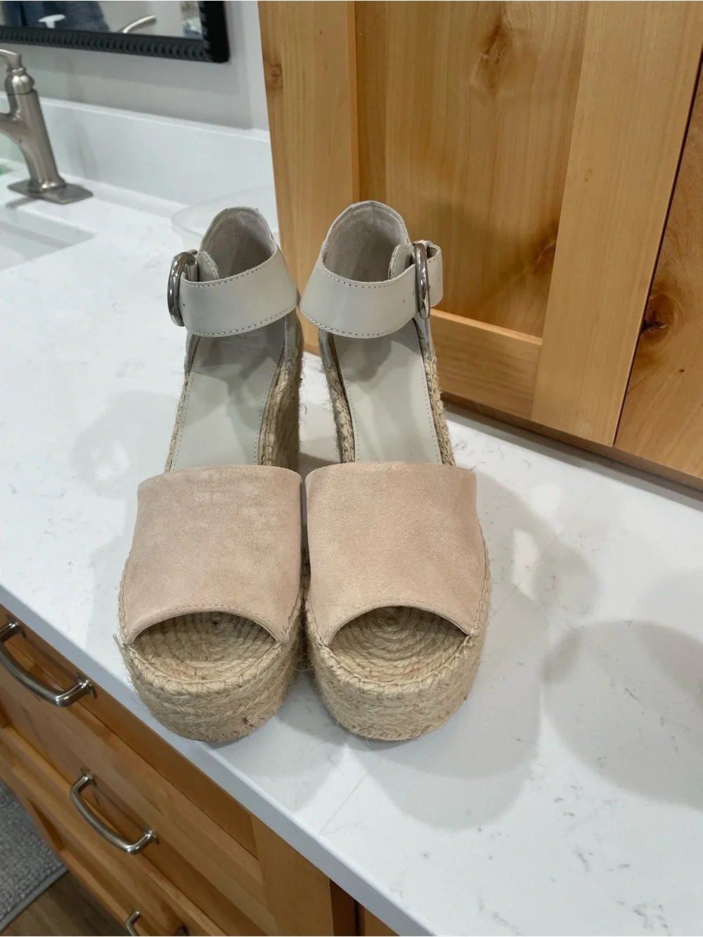 Marc Fisher LTD Beige and Cream Espadrille Wedge Sandals